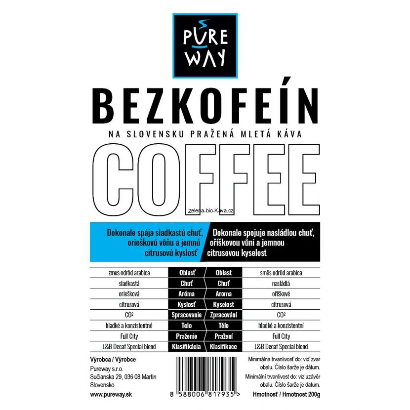 Bezkofeinová káva 200 g – mletá (100 % arabica)